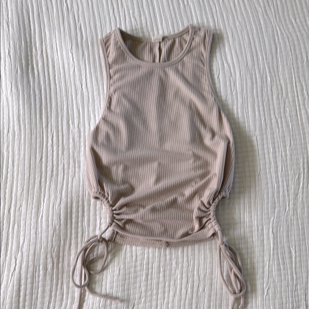 Tan Ruched side tie crop tank top